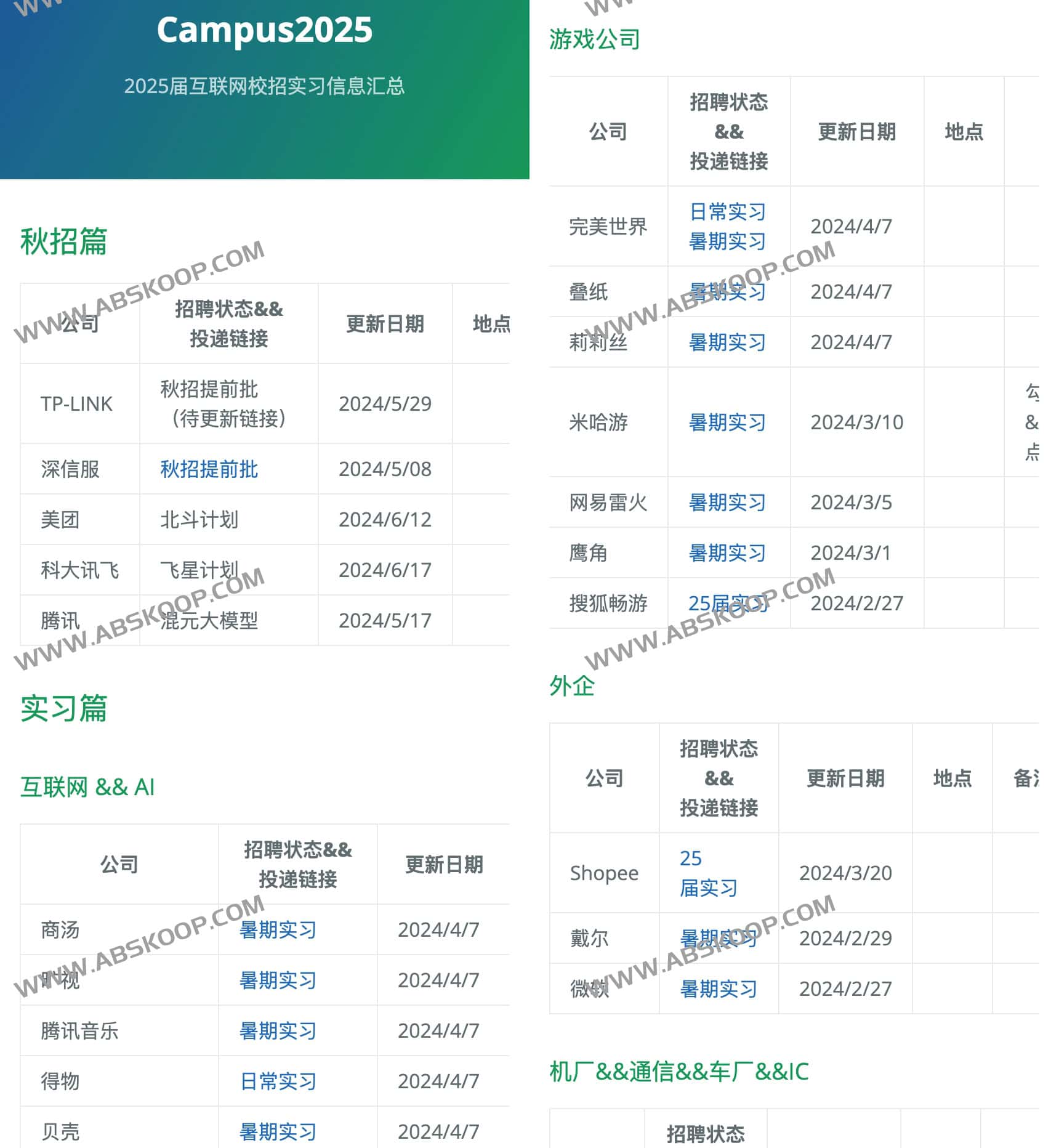 想入职 2025 届互联网大厂?这份校招与实习申请信息汇总请查收 想入职 2025 届互联网大厂?这份校招与实习申请信息汇总请查收