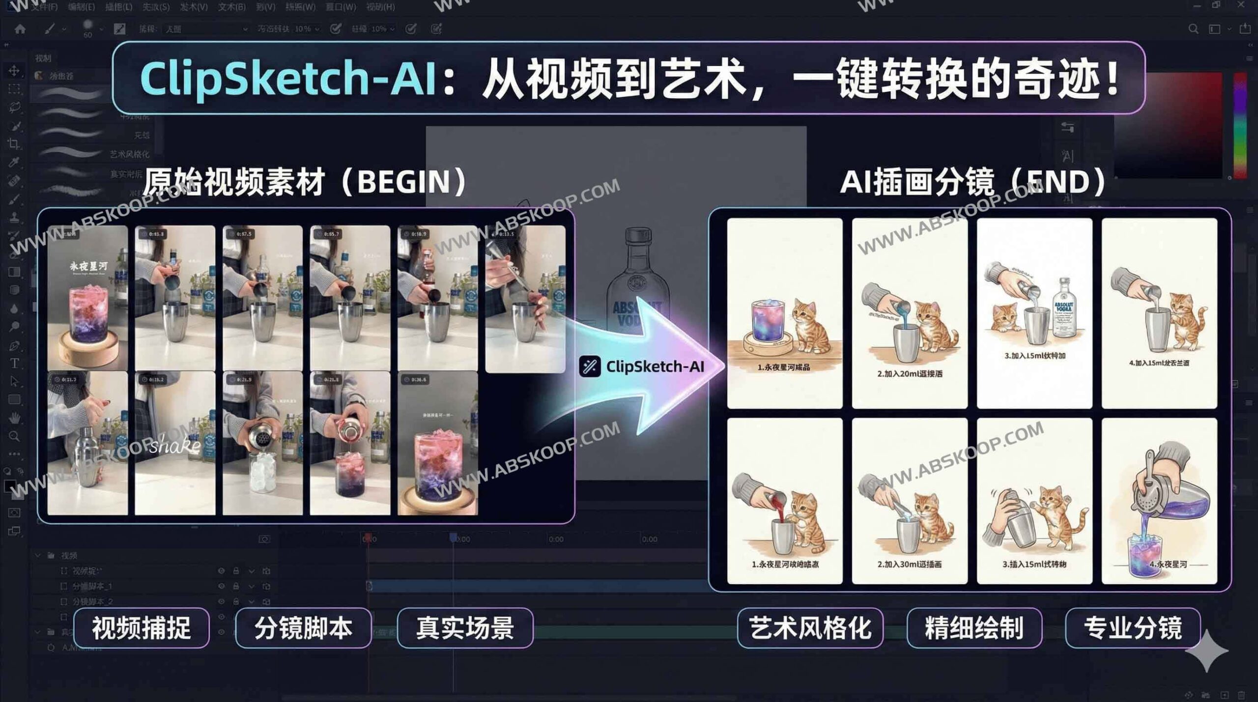 ClipSketch AI 实测：将视频快速转化为 AI 手绘故事板的创作流程