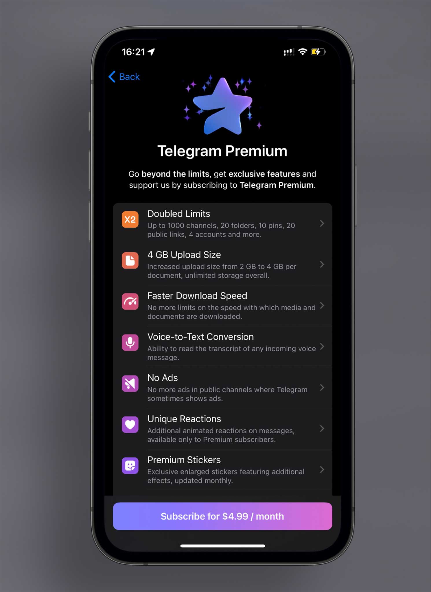 Telegram 推出月费 4.99 美元的 Premium 订阅服务:解锁更高传输限额与增强功能 Telegram 推出月费 4.99 美元的 Premium 订阅服务:解锁更高传输限额与增强功能