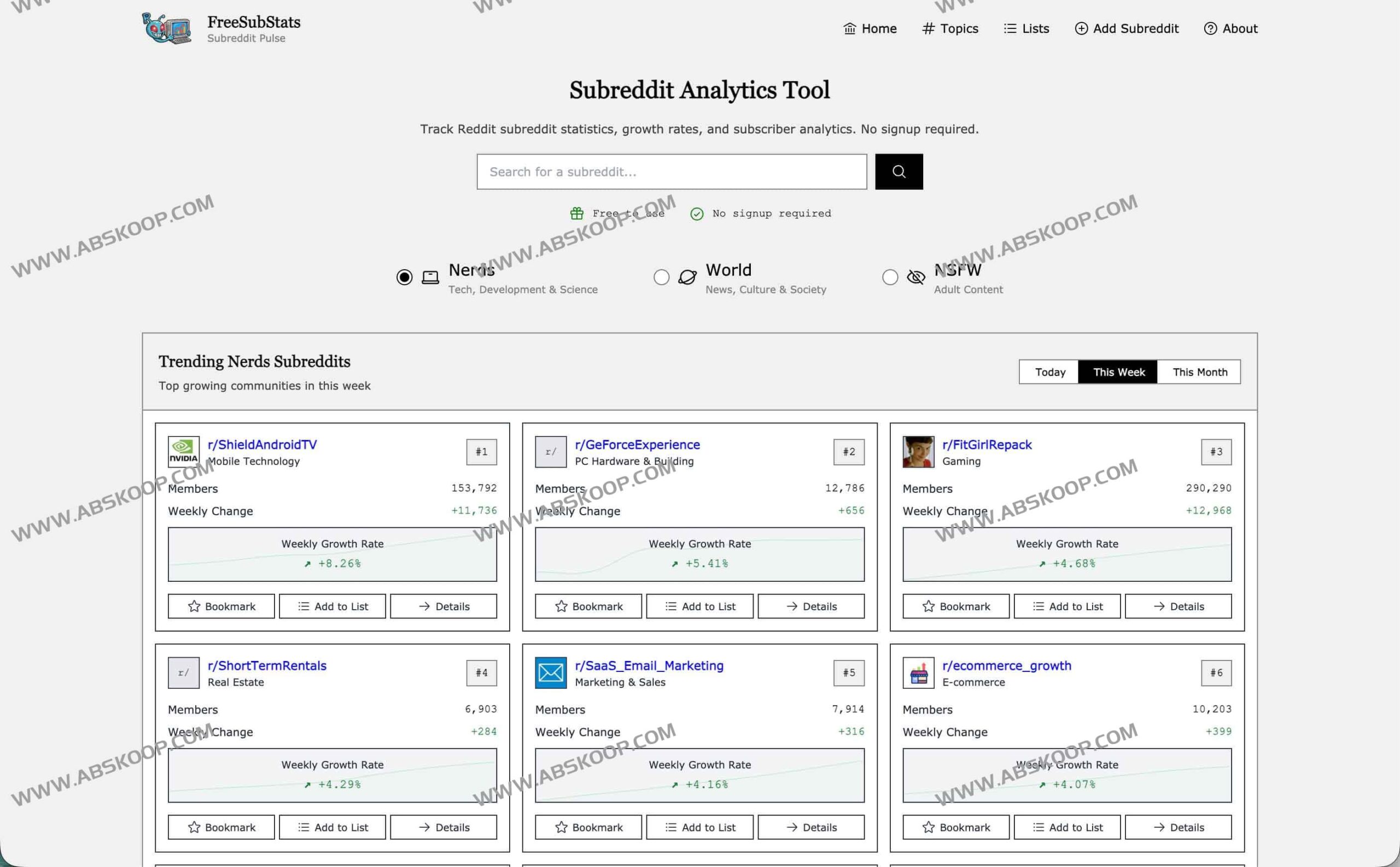 想知道 Reddit 哪些子版块在快速增长？用 FreeSubStats 实时追踪社区趋势，无需注册且无广告干扰